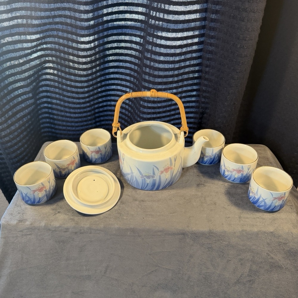TEAPOT WITH 6 YUNOMI Tea Cups IRIS OTAGIRI OMC Japan Porcelain Flowers Gold Trim - Picture 10 of 14